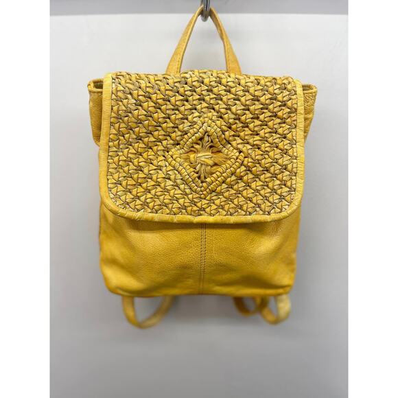 Frye & Co. Esme Leather Woven Flap Backpack in Mustard Yellow - Picture 1 of 9